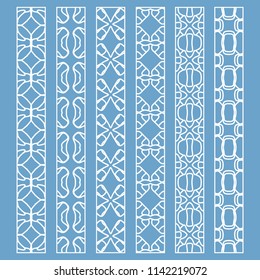 Vector set of line borders with geometric repeating texture. Isolated design elements for page decoration, headline, banners, wedding invitation cards. Fashion white lace collection