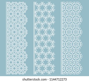 Vector set of line borders with geometric repeating texture. Isolated design elements for page decoration, headline, banners, wedding invitation cards. Fashion white lace collection