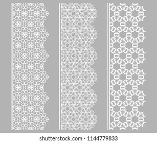 Vector set of line borders with geometric repeating texture. Isolated design elements for page decoration, headline, banners, wedding invitation cards. Fashion white lace collection
