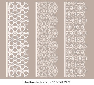 Vector set of line borders with geometric repeating texture. Isolated design elements for page decoration, headline, banners, wedding invitation cards. Fashion white lace collection