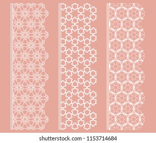 Vector set of line borders with geometric repeating texture. Isolated design elements for page decoration, headline, banners, wedding invitation cards. Fashion white lace collection