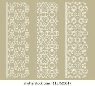 Vector set of line borders with geometric repeating texture. Isolated design elements for page decoration, headline, banners, wedding invitation cards. Fashion white lace collection