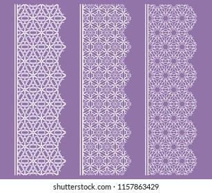 Vector set of line borders with geometric repeating texture. Isolated design elements for page decoration, headline, banners, wedding invitation cards. Fashion white lace collection