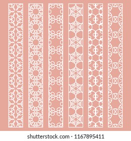 Vector set of line borders with geometric repeating texture. Isolated design elements for page decoration, headline, banners, wedding invitation cards. Fashion white lace collection