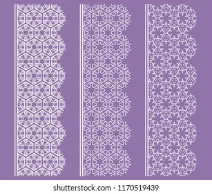 Vector set of line borders with geometric repeating texture. Isolated design elements for page decoration, headline, banners, wedding invitation cards. Fashion white lace collection