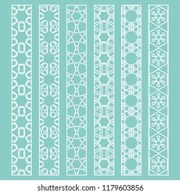 Vector set of line borders with geometric repeating texture. Isolated design elements for page decoration, headline, banners, wedding invitation cards. Fashion white lace collection