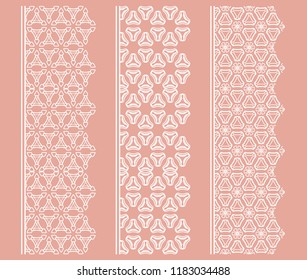 Vector set of line borders with geometric repeating texture. Isolated design elements for page decoration, headline, banners, wedding invitation cards. Fashion white lace collection