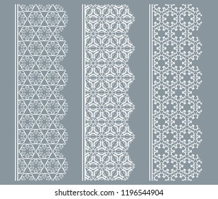 Vector set of line borders with geometric repeating texture. Isolated design elements for page decoration, headline, banners, wedding invitation cards. Fashion white lace collection
