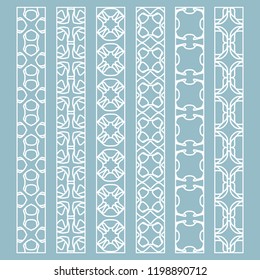 Vector set of line borders with geometric repeating texture. Isolated design elements for page decoration, headline, banners, wedding invitation cards. Fashion white lace collection