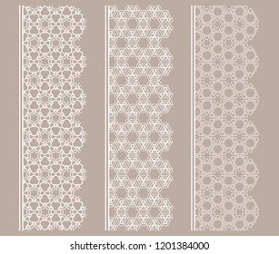 Vector set of line borders with geometric repeating texture. Isolated design elements for page decoration, headline, banners, wedding invitation cards. Fashion white lace collection