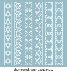 Vector set of line borders with geometric repeating texture. Isolated design elements for page decoration, headline, banners, wedding invitation cards. Fashion white lace collection