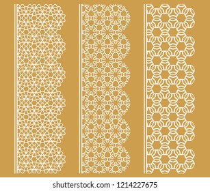 Vector set of line borders with geometric repeating texture. Isolated design elements for page decoration, headline, banners, wedding invitation cards. Fashion white lace collection