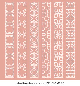 Vector set of line borders with geometric repeating texture. Isolated design elements for page decoration, headline, banners, wedding invitation cards. Fashion white lace collection