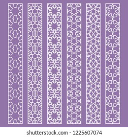 Vector set of line borders with geometric repeating texture. Isolated design elements for page decoration, headline, banners, wedding invitation cards. Fashion white lace collection