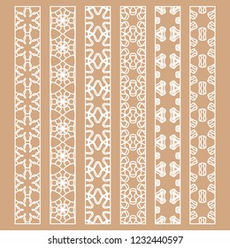 Vector set of line borders with geometric repeating texture. Isolated design elements for page decoration, headline, banners, wedding invitation cards. Fashion white lace collection