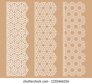 Vector set of line borders with geometric repeating texture. Isolated design elements for page decoration, headline, banners, wedding invitation cards. Fashion white lace collection