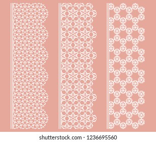 Vector set of line borders with geometric repeating texture. Isolated design elements for page decoration, headline, banners, wedding invitation cards. Fashion white lace collection