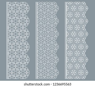 Vector set of line borders with geometric repeating texture. Isolated design elements for page decoration, headline, banners, wedding invitation cards. Fashion white lace collection