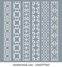 Vector set of line borders with geometric repeating texture. Isolated design elements for page decoration, headline, banners, wedding invitation cards. Fashion white lace collection