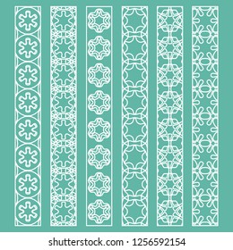Vector set of line borders with geometric repeating texture. Isolated design elements for page decoration, headline, banners, wedding invitation cards. Fashion white lace collection