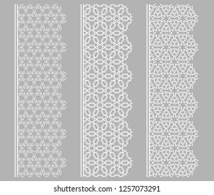 Vector set of line borders with geometric repeating texture. Isolated design elements for page decoration, headline, banners, wedding invitation cards. Fashion white lace collection