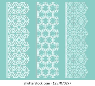 Vector set of line borders with geometric repeating texture. Isolated design elements for page decoration, headline, banners, wedding invitation cards. Fashion white lace collection