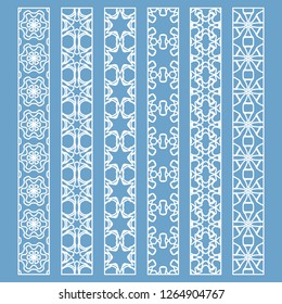Vector set of line borders with geometric repeating texture. Isolated design elements for page decoration, headline, banners, wedding invitation cards. Fashion white lace collection