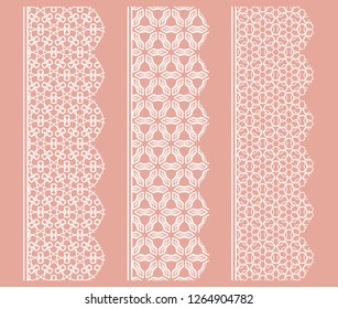 Vector set of line borders with geometric repeating texture. Isolated design elements for page decoration, headline, banners, wedding invitation cards. Fashion white lace collection