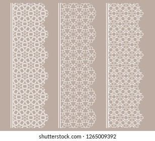 Vector set of line borders with geometric repeating texture. Isolated design elements for page decoration, headline, banners, wedding invitation cards. Fashion white lace collection