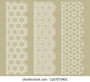 Vector set of line borders with geometric repeating texture. Isolated design elements for page decoration, headline, banners, wedding invitation cards. Fashion white lace collection