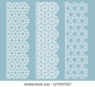 Vector set of line borders with geometric repeating texture. Isolated design elements for page decoration, headline, banners, wedding invitation cards. Fashion white lace collection
