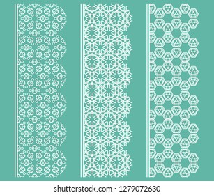 Vector set of line borders with geometric repeating texture. Isolated design elements for page decoration, headline, banners, wedding invitation cards. Fashion white lace collection