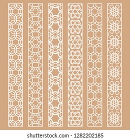 Vector set of line borders with geometric repeating texture. Isolated design elements for page decoration, headline, banners, wedding invitation cards. Fashion white lace collection