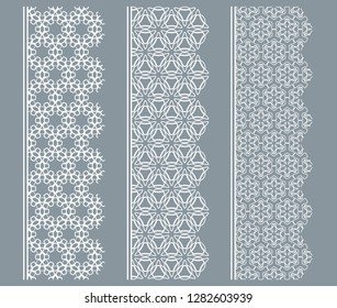 Vector set of line borders with geometric repeating texture. Isolated design elements for page decoration, headline, banners, wedding invitation cards. Fashion white lace collection