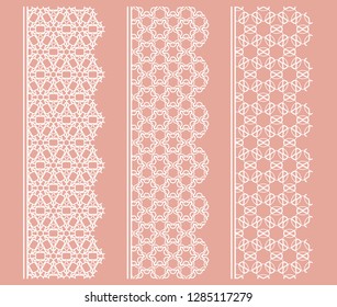Vector set of line borders with geometric repeating texture. Isolated design elements for page decoration, headline, banners, wedding invitation cards. Fashion white lace collection
