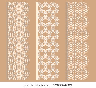 Vector set of line borders with geometric repeating texture. Isolated design elements for page decoration, headline, banners, wedding invitation cards. Fashion white lace collection