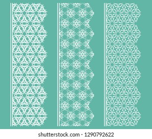 Vector set of line borders with geometric repeating texture. Isolated design elements for page decoration, headline, banners, wedding invitation cards. Fashion white lace collection