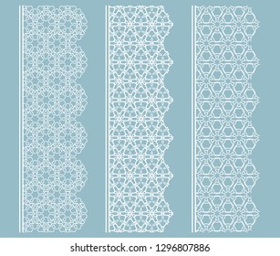 Vector set of line borders with geometric repeating texture. Isolated design elements for page decoration, headline, banners, wedding invitation cards. Fashion white lace collection