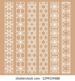 Vector set of line borders with geometric repeating texture. Isolated design elements for page decoration, headline, banners, wedding invitation cards. Fashion white lace collection