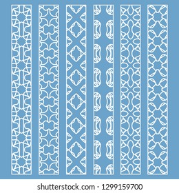Vector set of line borders with geometric repeating texture. Isolated design elements for page decoration, headline, banners, wedding invitation cards. Fashion white lace collection
