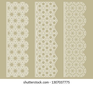 Vector set of line borders with geometric repeating texture. Isolated design elements for page decoration, headline, banners, wedding invitation cards. Fashion white lace collection