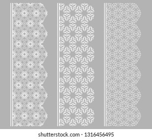 Vector set of line borders with geometric repeating texture. Isolated design elements for page decoration, headline, banners, wedding invitation cards. Fashion white lace collection