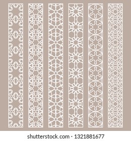 Vector set of line borders with geometric repeating texture. Isolated design elements for page decoration, headline, banners, wedding invitation cards. Fashion white lace collection