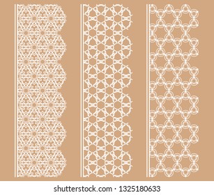Vector set of line borders with geometric repeating texture. Isolated design elements for page decoration, headline, banners, wedding invitation cards. Fashion white lace collection