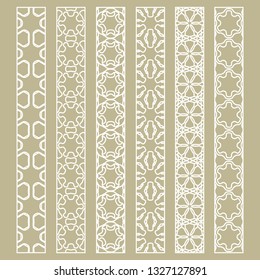 Vector set of line borders with geometric repeating texture. Isolated design elements for page decoration, headline, banners, wedding invitation cards. Fashion white lace collection