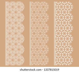 Vector set of line borders with geometric repeating texture. Isolated design elements for page decoration, headline, banners, wedding invitation cards. Fashion white lace collection