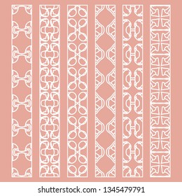 Vector set of line borders with geometric repeating texture. Isolated design elements for page decoration, headline, banners, wedding invitation cards. Fashion white lace collection