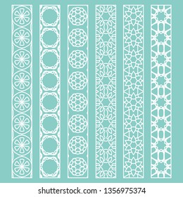 Vector set of line borders with geometric repeating texture. Isolated design elements for page decoration, headline, banners, wedding invitation cards. Fashion white lace collection