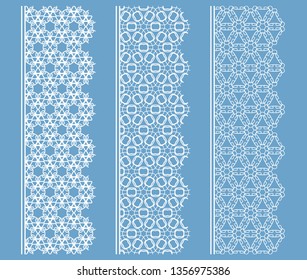 Vector set of line borders with geometric repeating texture. Isolated design elements for page decoration, headline, banners, wedding invitation cards. Fashion white lace collection