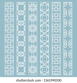 Vector set of line borders with geometric repeating texture. Isolated design elements for page decoration, headline, banners, wedding invitation cards. Fashion white lace collection